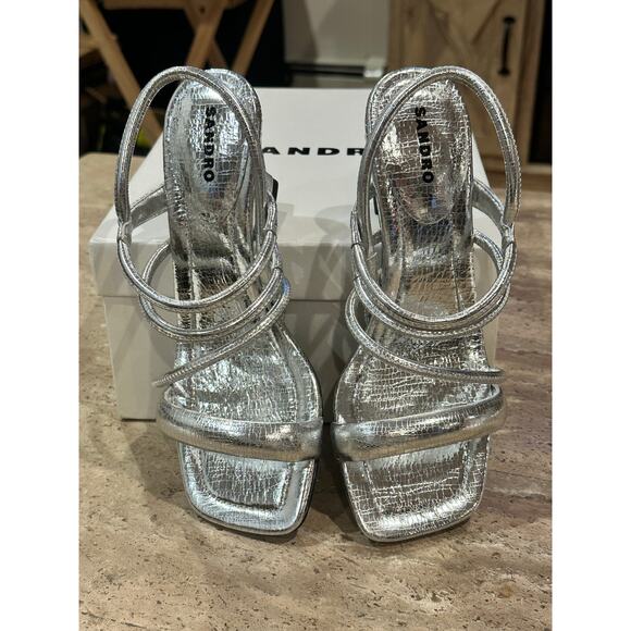 NEW Sandro Silver Metallic Leather Heel Sandals size 36 - Picture 4 of 9